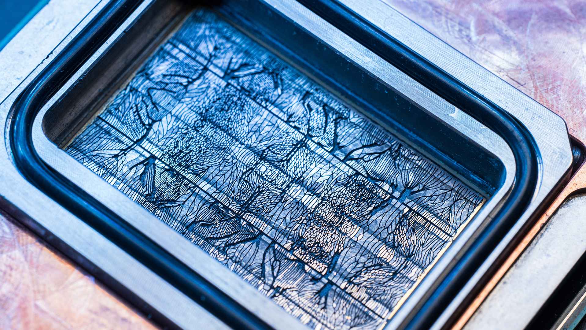 A graphic depicting a chip with a pattern of cooling pathways resembling the veins of a leaf.