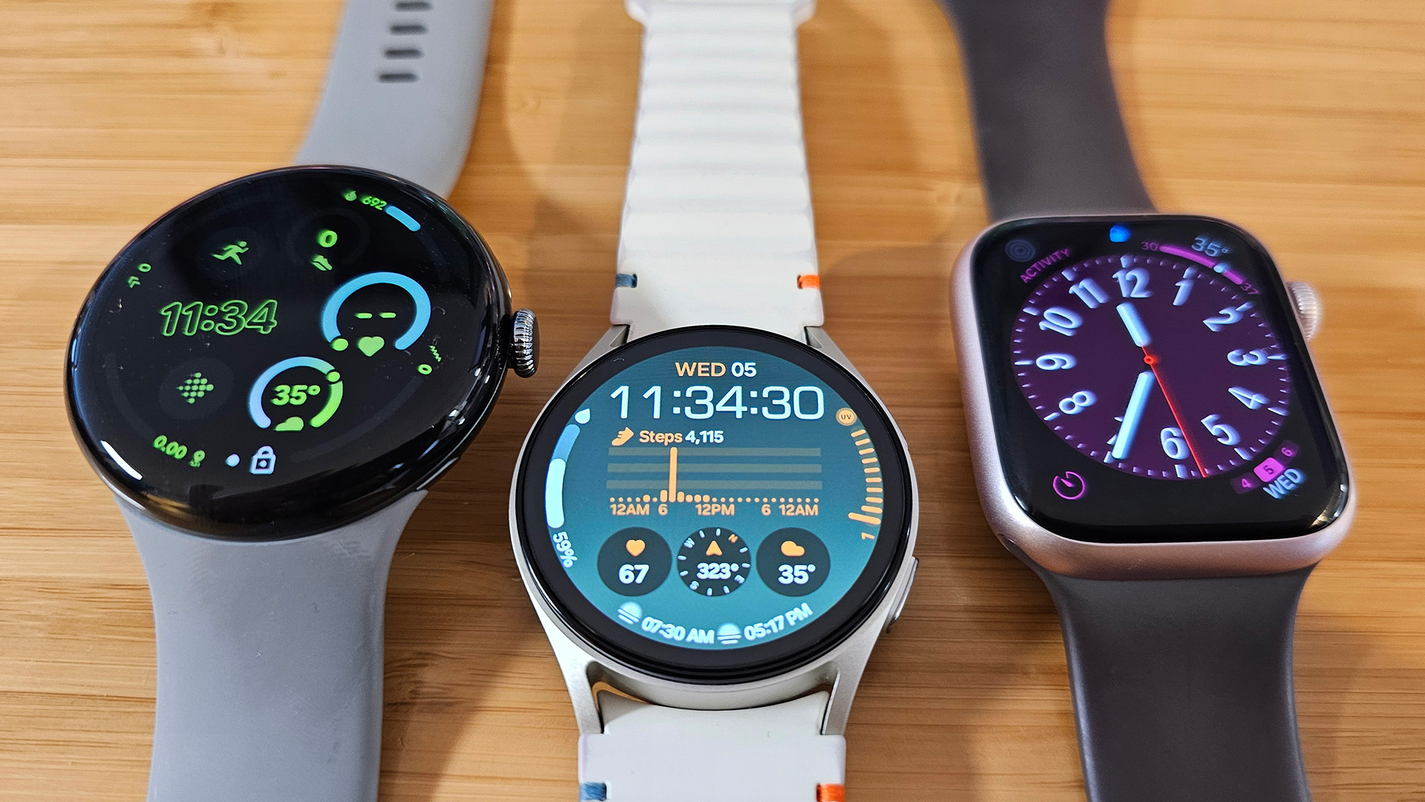 The Samsung Galaxy Watch 7 compared to the 45mm Apple Watch Series 9 and 45mm Google Pixel Watch 3
