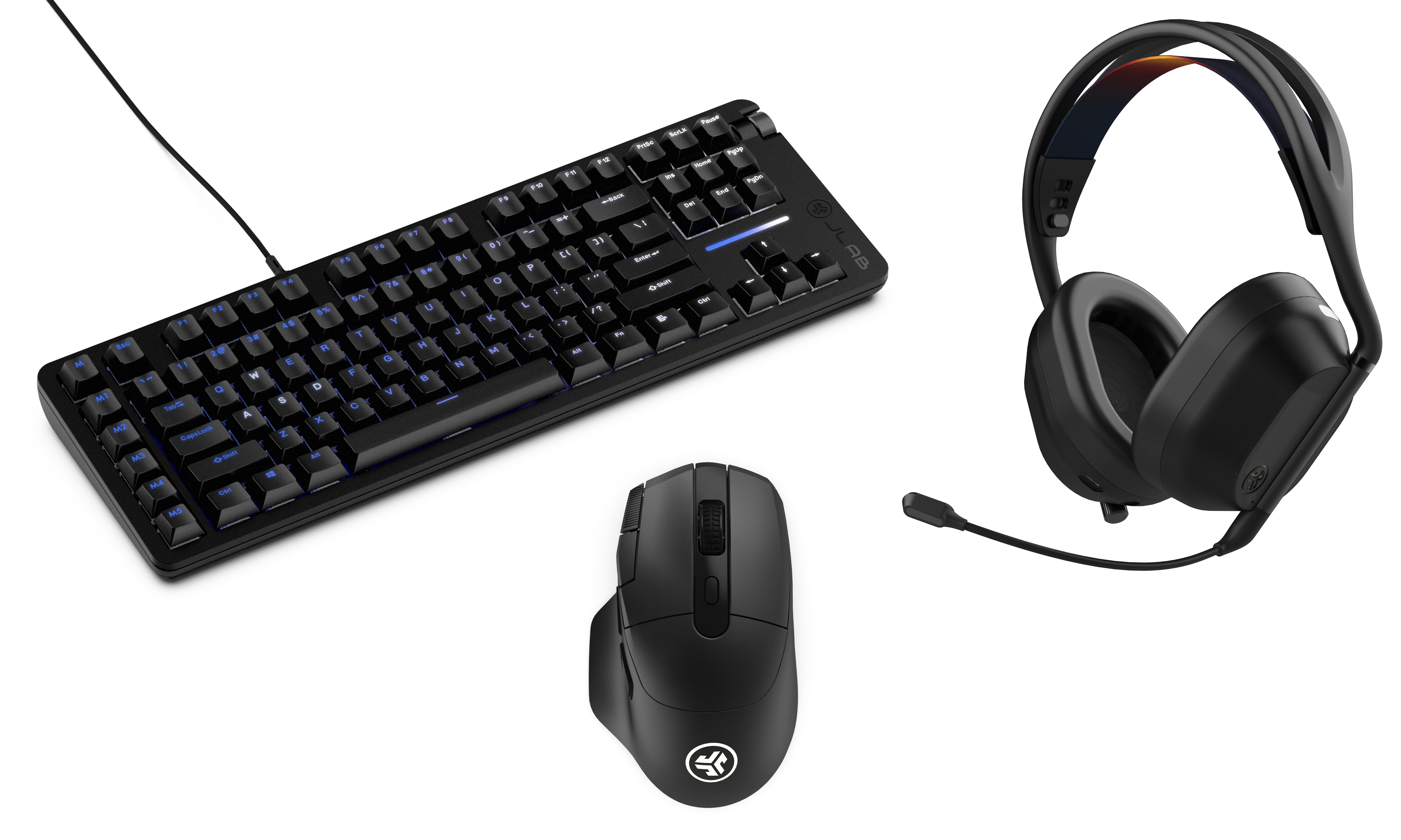 A keyboard, mouse and gaming headset