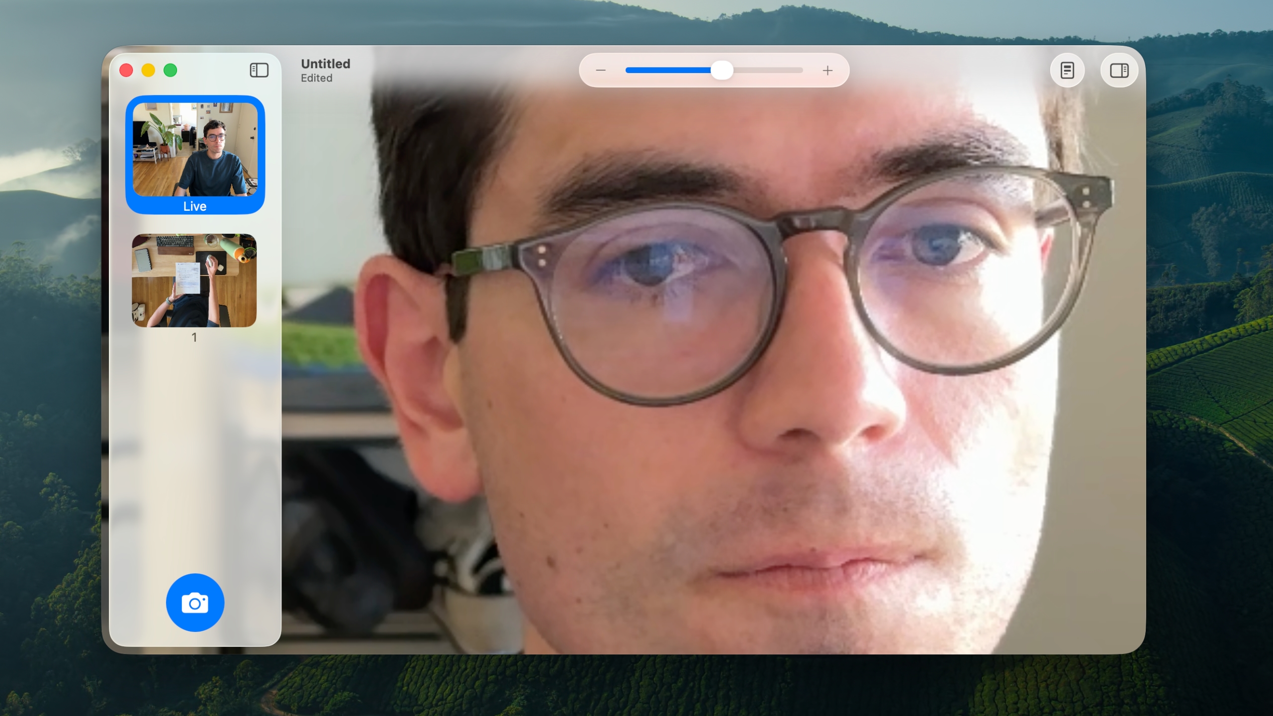 A screenshot of the macOS Magnifier app zoomed in on a face.