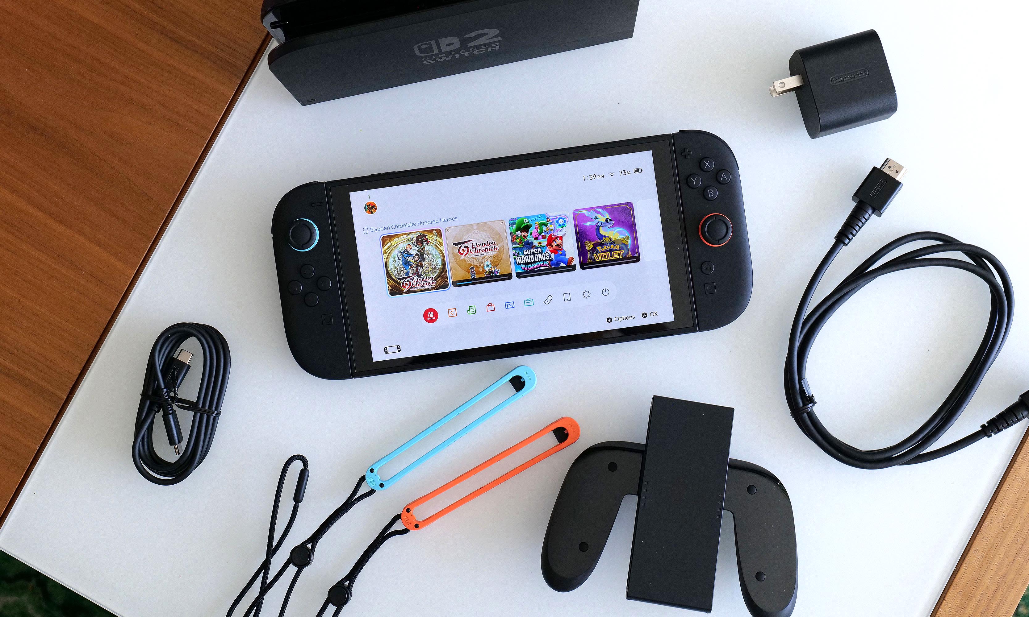 The Nintendo Switch 2 comes with two Joy-Con, two Joy-Con straps, a Joy-Con grip, the dock, a HDMI cord and a 60-watt power adapter with a detachable USB-C cable.