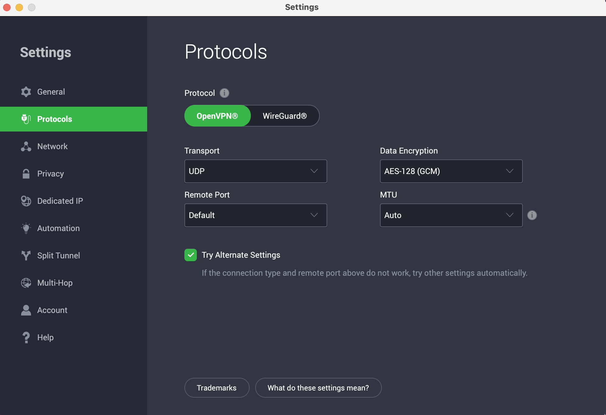 PIA VPN protocol selection