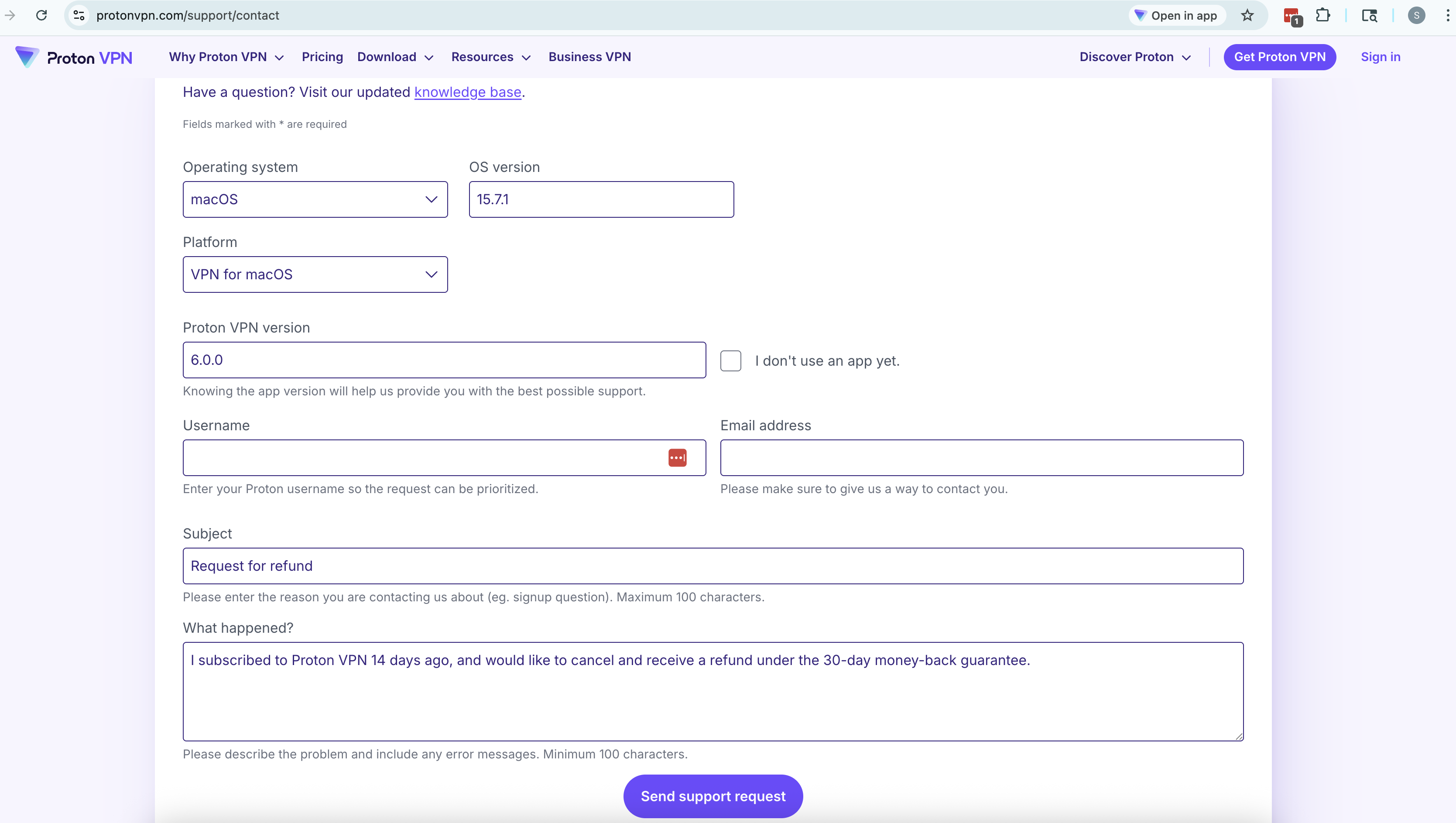 Proton VPN contact form