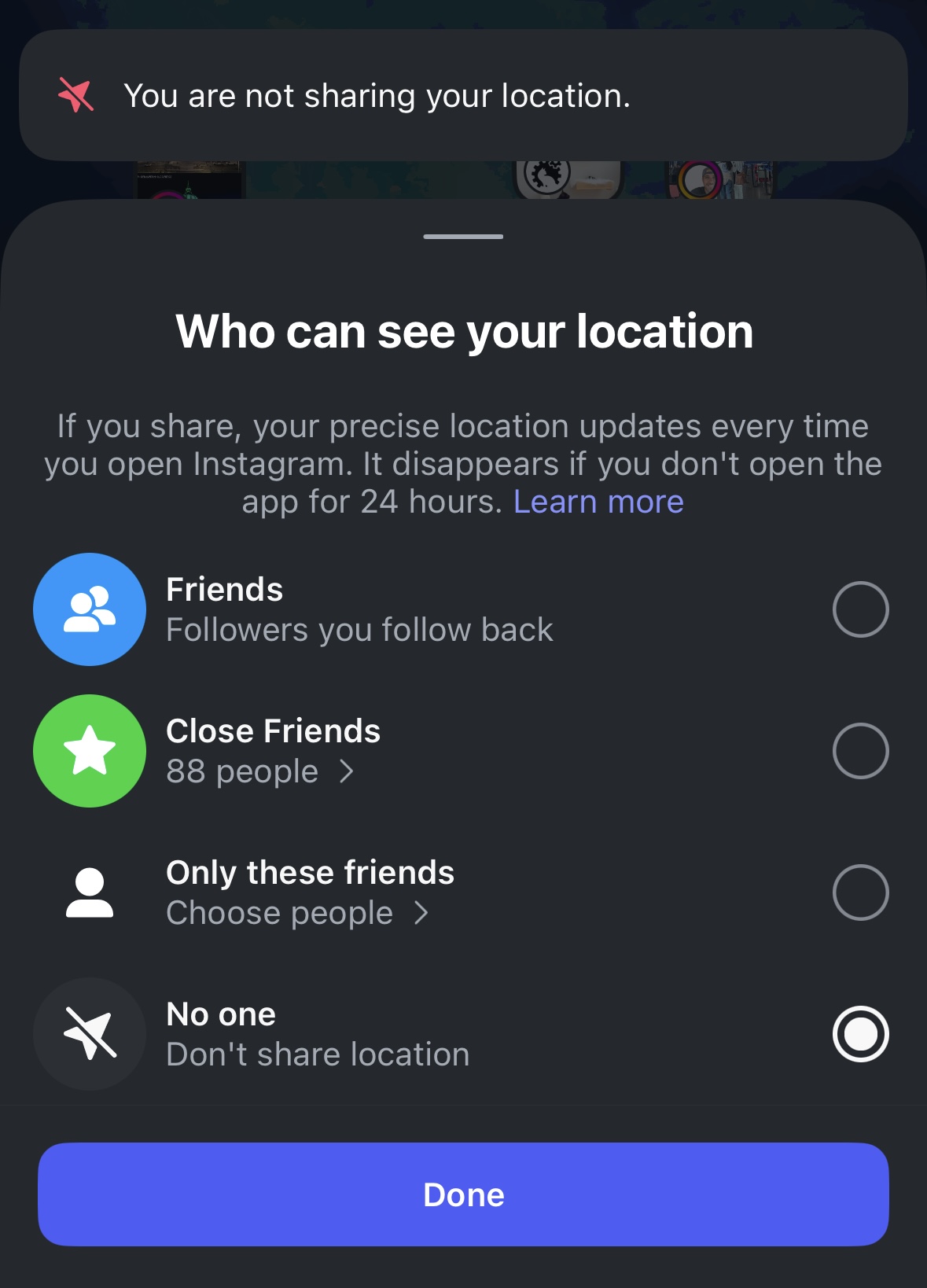Instagram map settings.