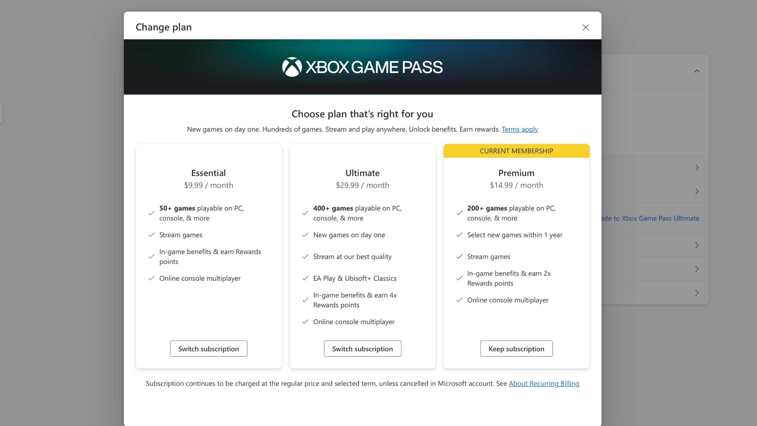 The menu for switch subscriptions Microsoft displays when you try and manage your Game Pass subscription.