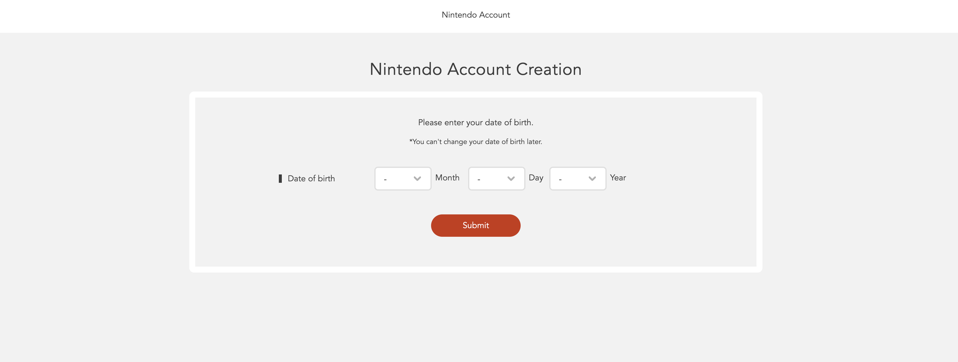 The first step of creating a Nintendo Account is adding your date of birth.