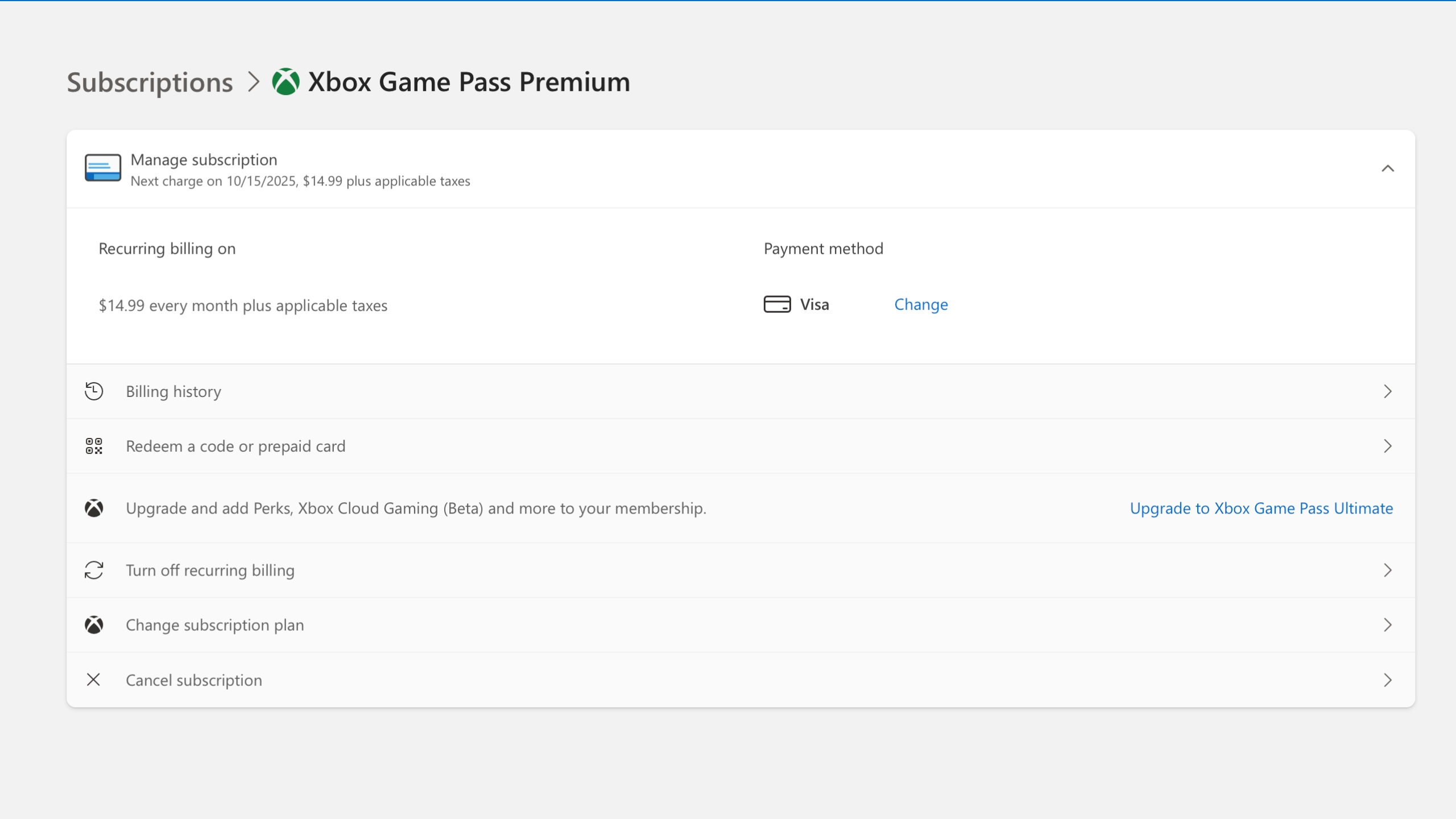 The menu Microsoft displays when you try and cancel your Game Pass subscription.