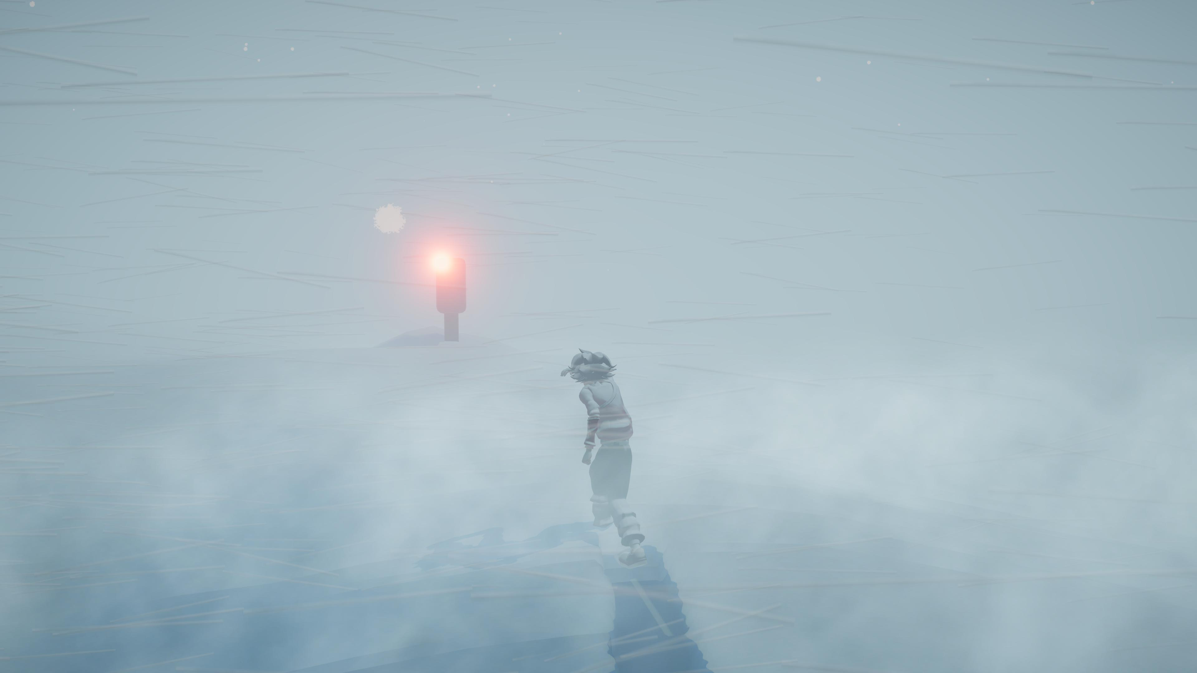 A still from A Pizza Delivery showing a blizzard scene, with the character seen trudging through low visibility toward the red light of a pay phone