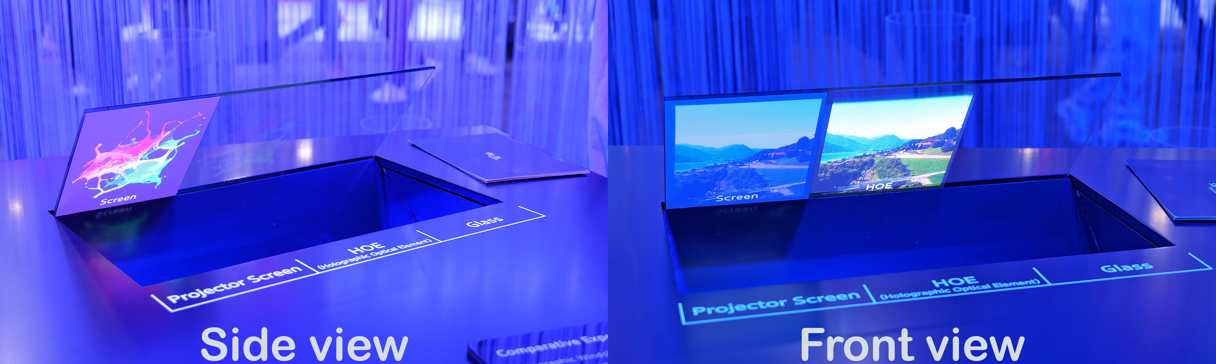 A demo of Hyundai Mobis' holographic windshield display viewed from the side and head on. 