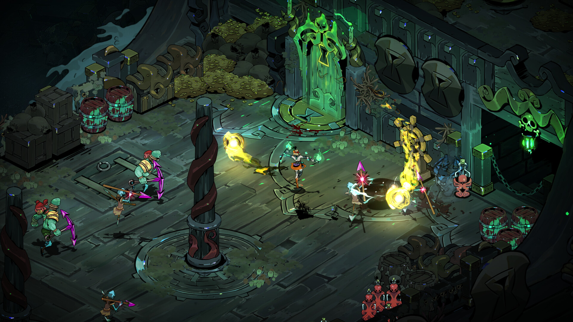 Action gameplay screenshot from Hades II. Roguelike view from above. Small characters with weapons in a creepy dungeon.