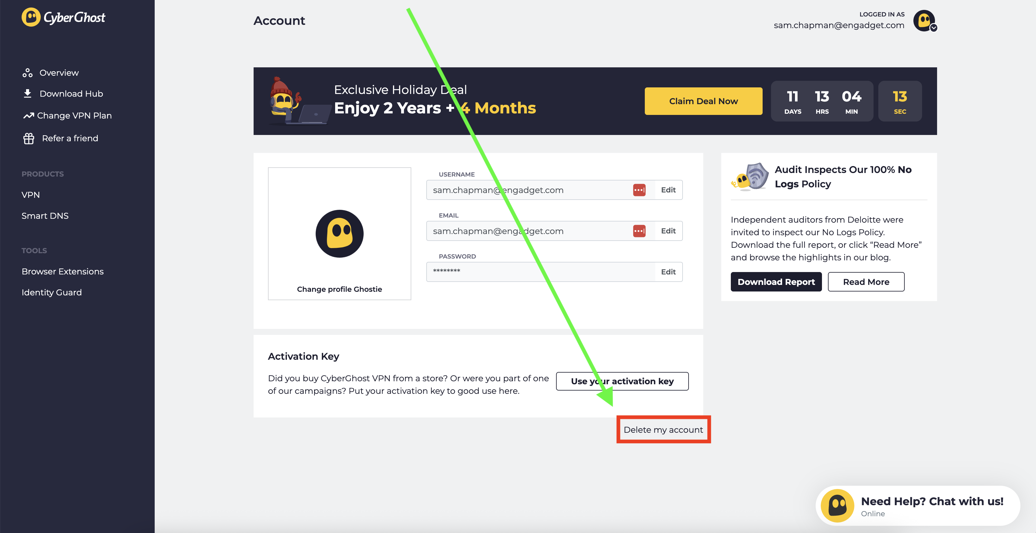 How to find the button that deletes your CyberGhost account.