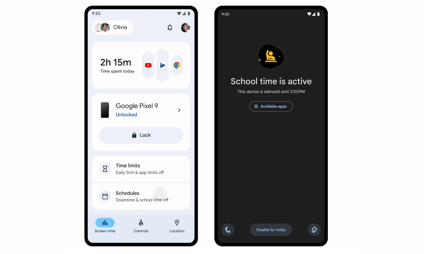 Screenshots of the Google School Time parental control feature on a Pixel 9.
