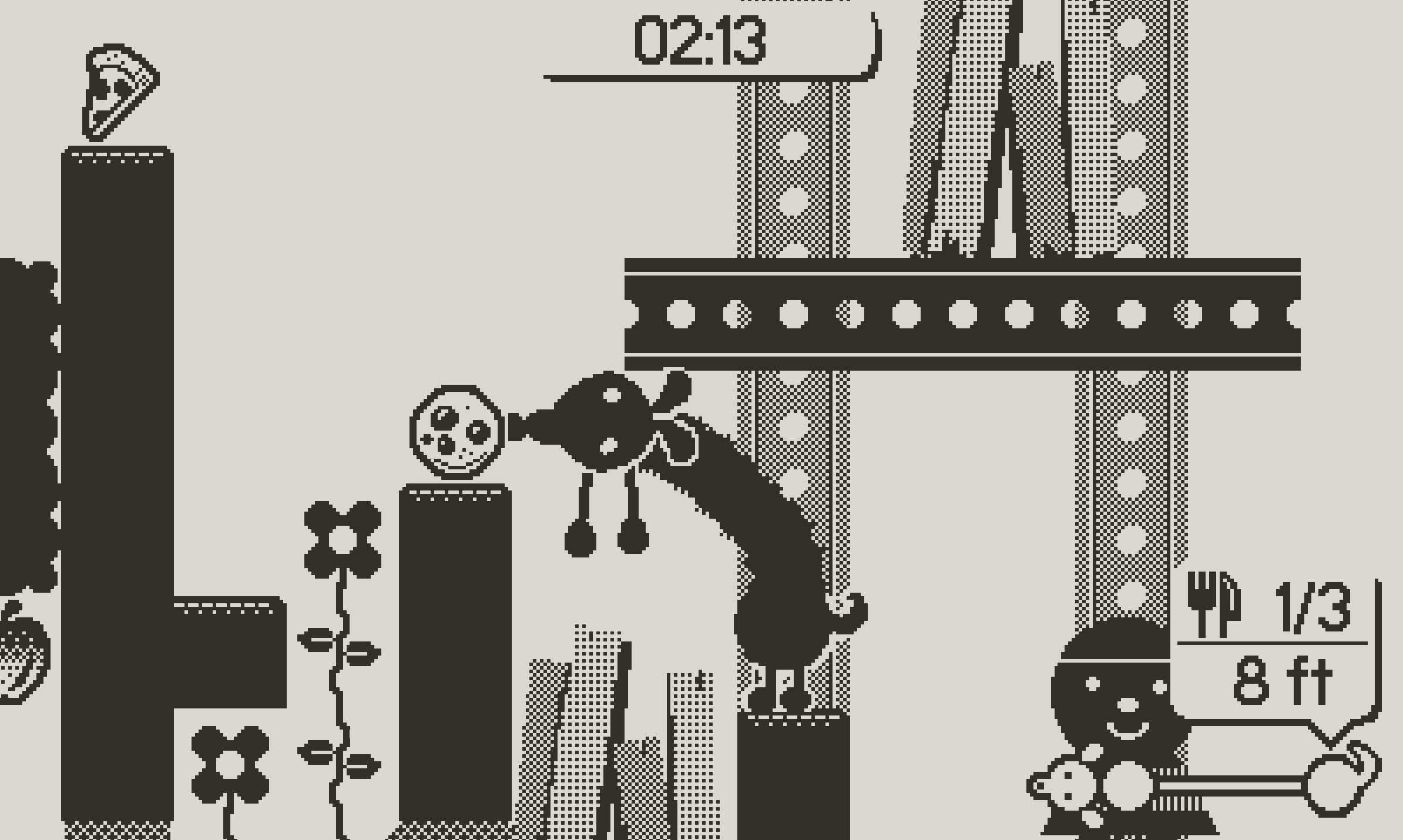 A still from the Playdate game Long Puppy showing a cartoon dachshund standing on its hind legs and stretching to get a cookie off a nearby vertical platform