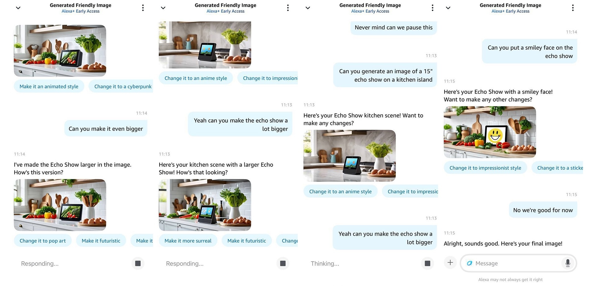 Four screenshots showing a conversation with Alexa+, asking it to generate images of a smart display on a kitchen island, as well as the subsequent follow-ups asking for refinements.