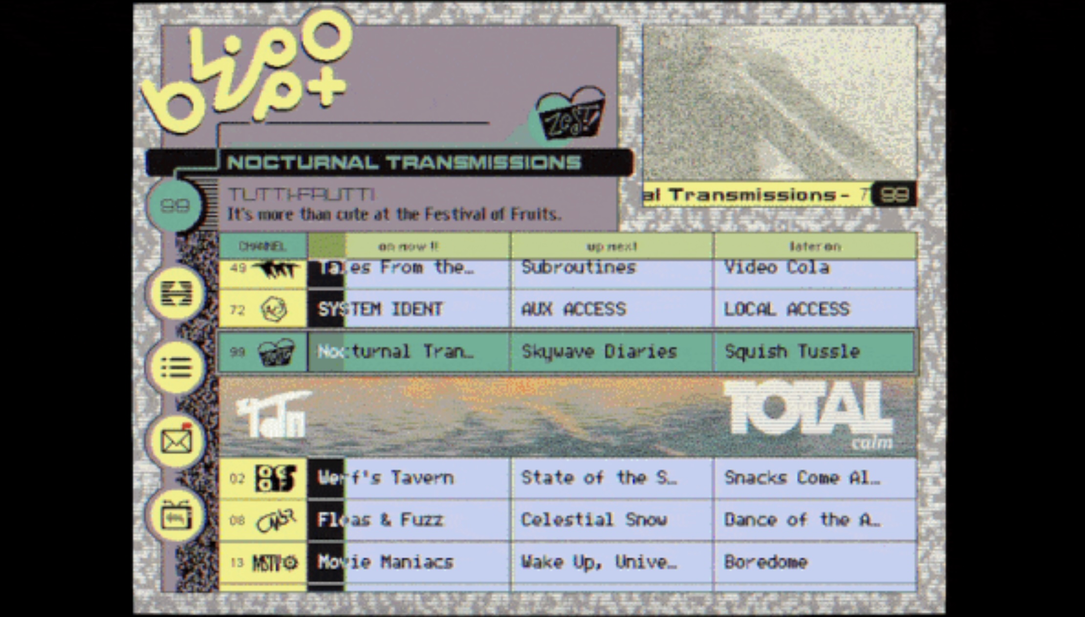 A still from the Blippo+ channel guide showing programs uch as 