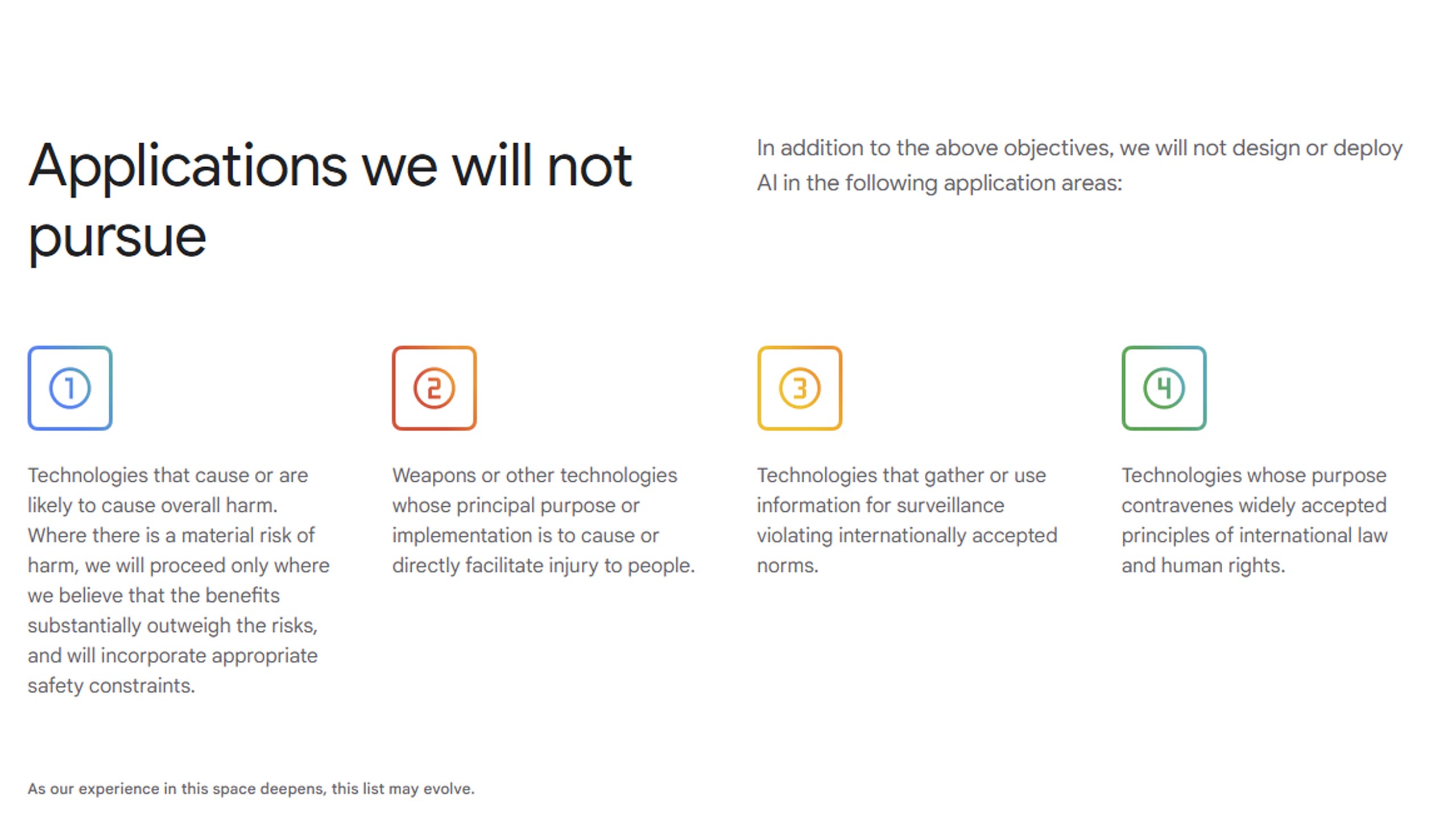 A screenshot showing the previous version of Google's AI Principles. 