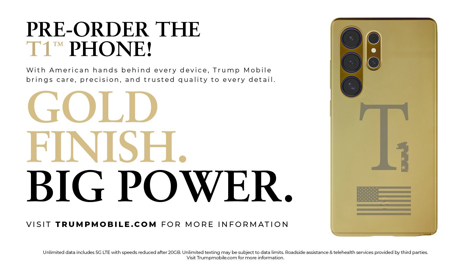 Trump Mobile T1 ad showing a Samsung phone in a Spigen case