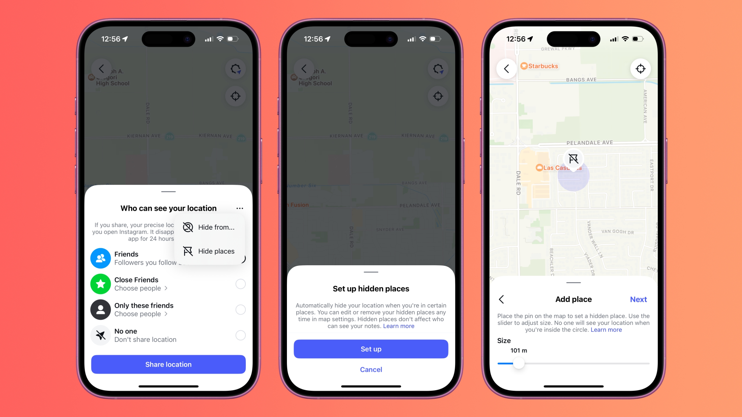 Three screenshots showing the location settings, the Hidden Places introduction text and the menu for adding a new Hidden Place.