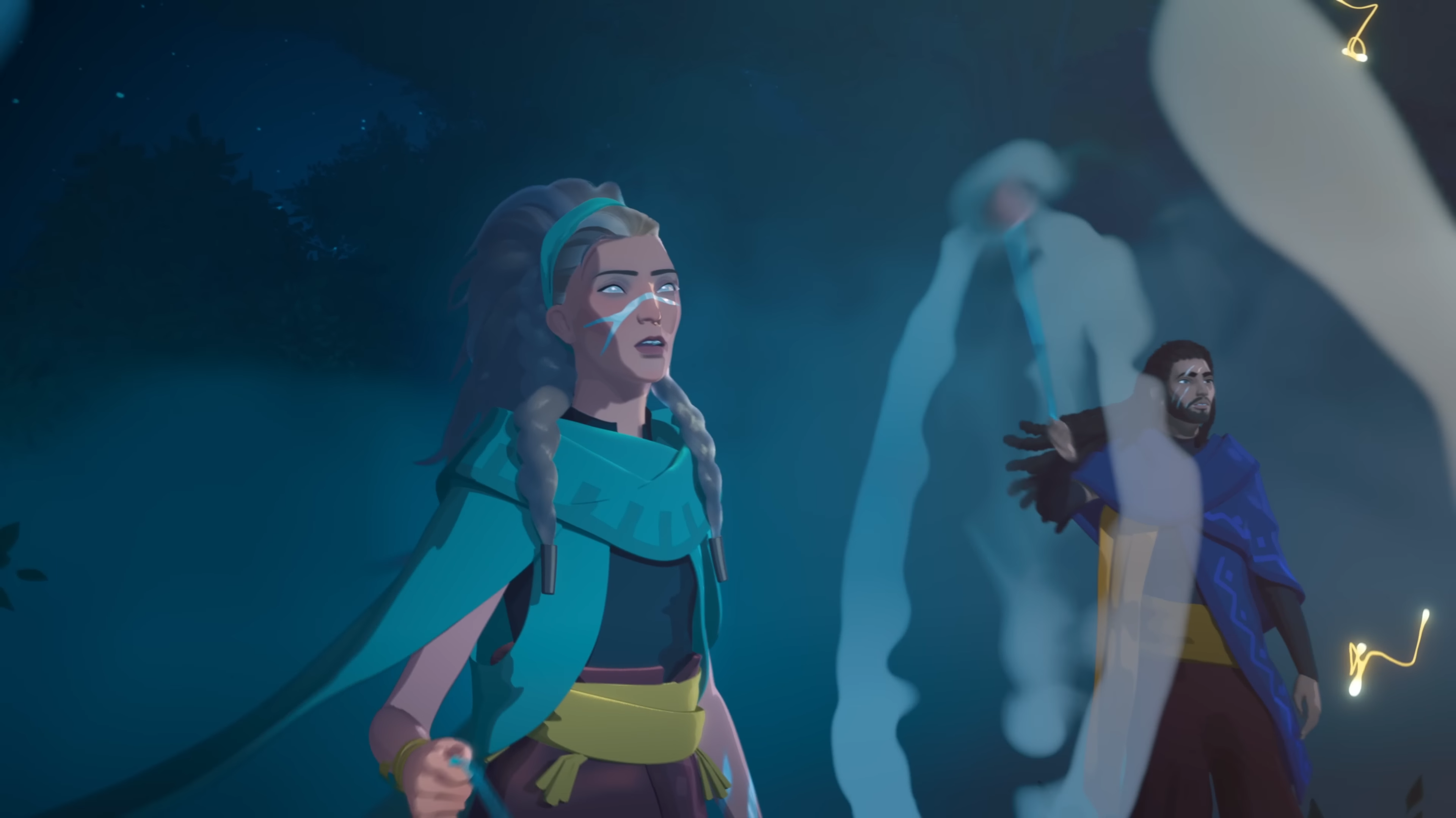 A character from Everwild looking bewildered as magical stuff happens. Nighttime.