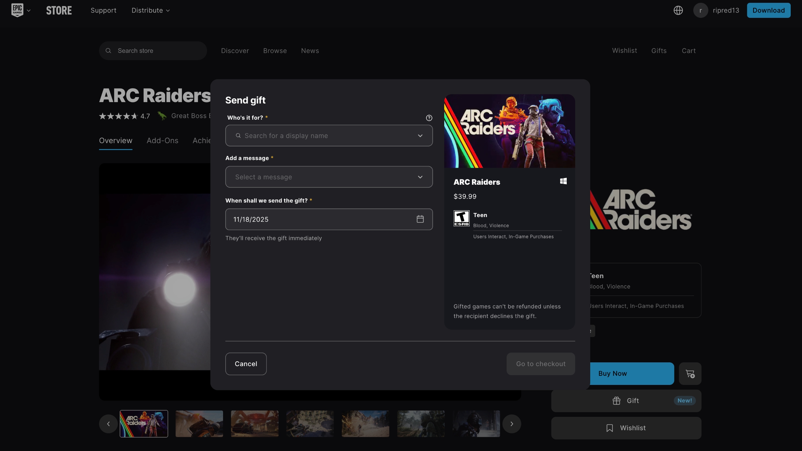 The Epic Games Store gifting interface for the game Arc Raiders.