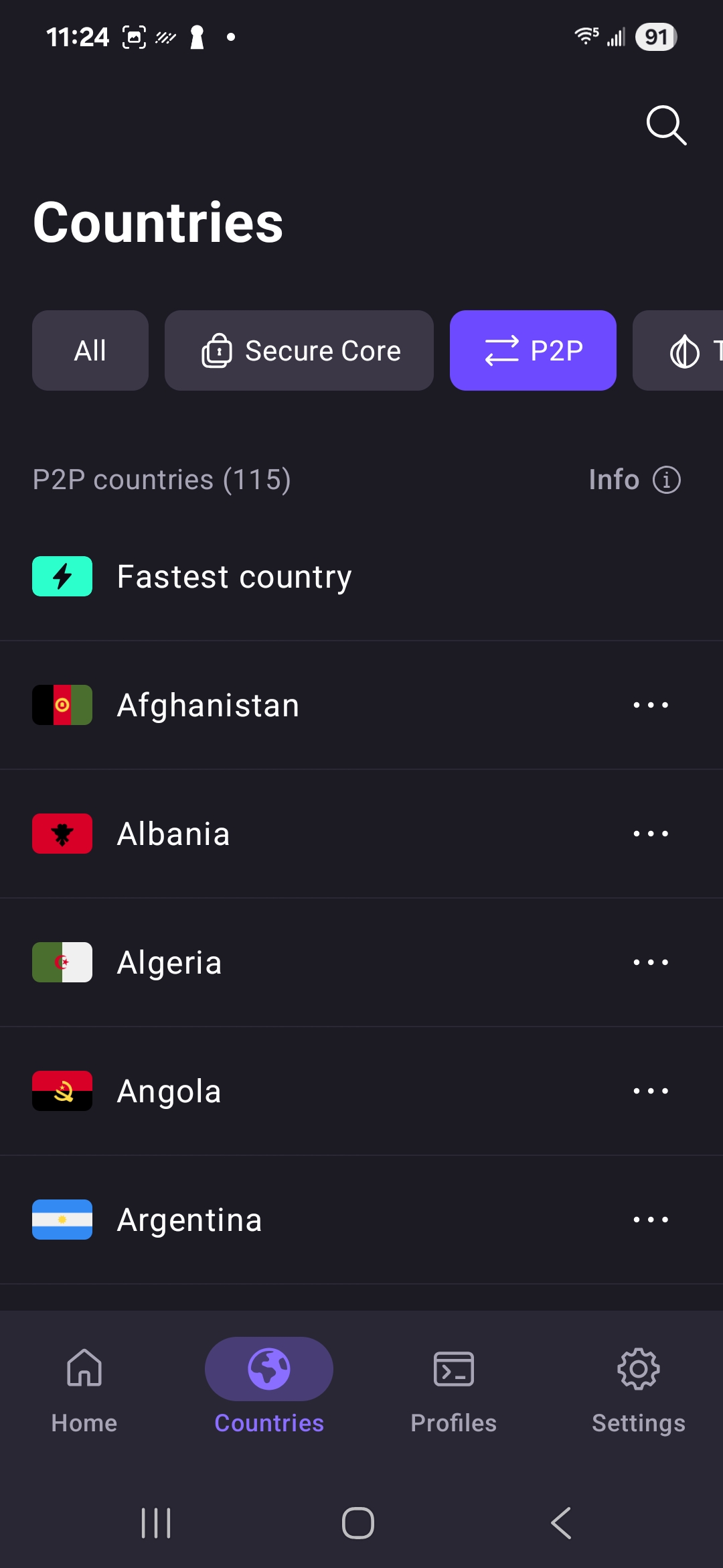 Proton VPN's list of P2P servers.