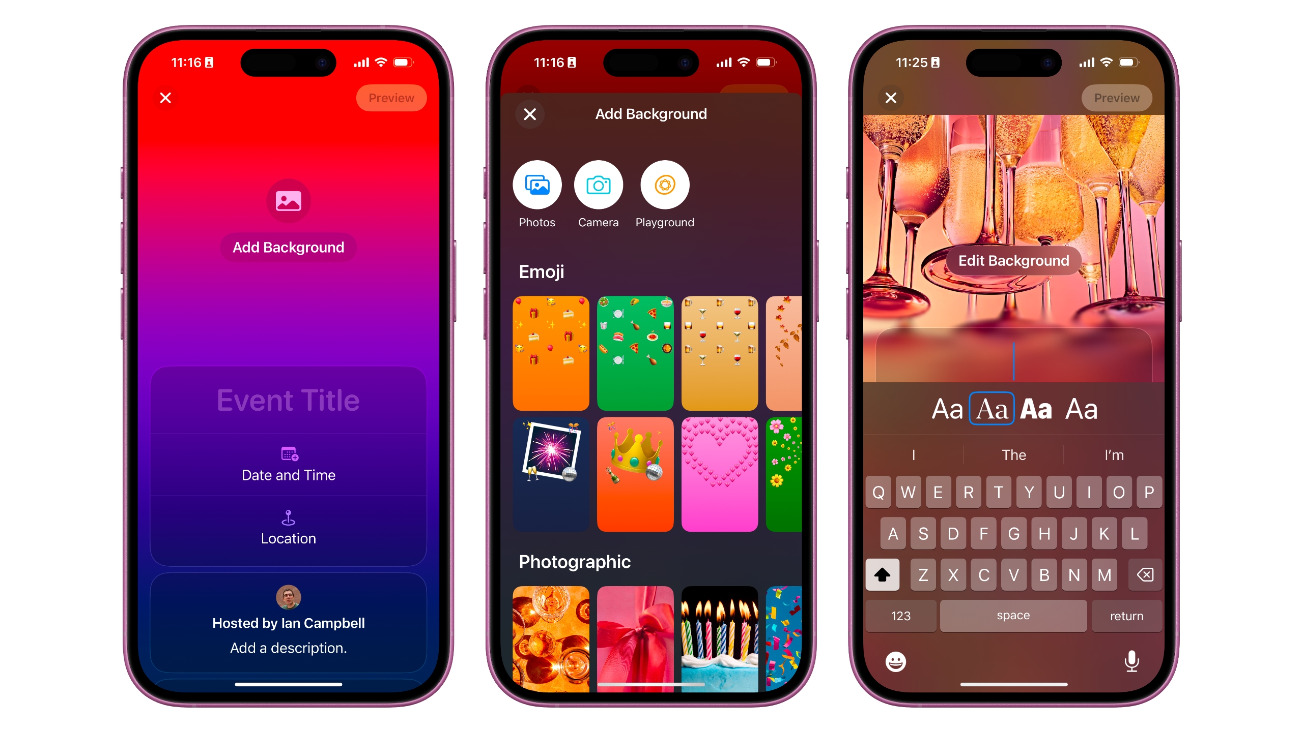 The customization options for Apple Invites showing a blank invite, background options, and the title font editor.