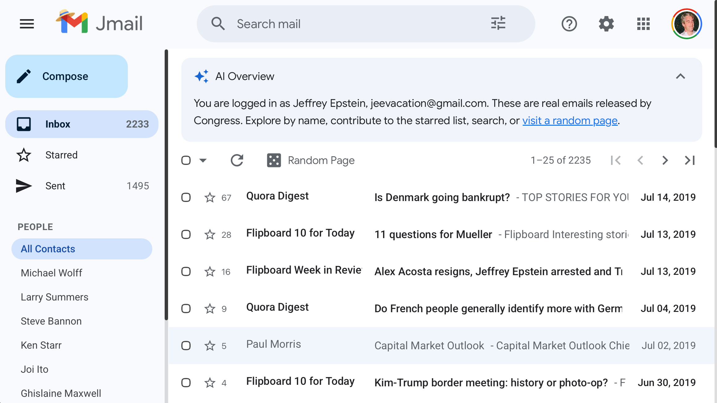 Screenshot of the Jmail project. A simulated Gmail inbox of Jeffrey Epstein, using real emails released by Congress.