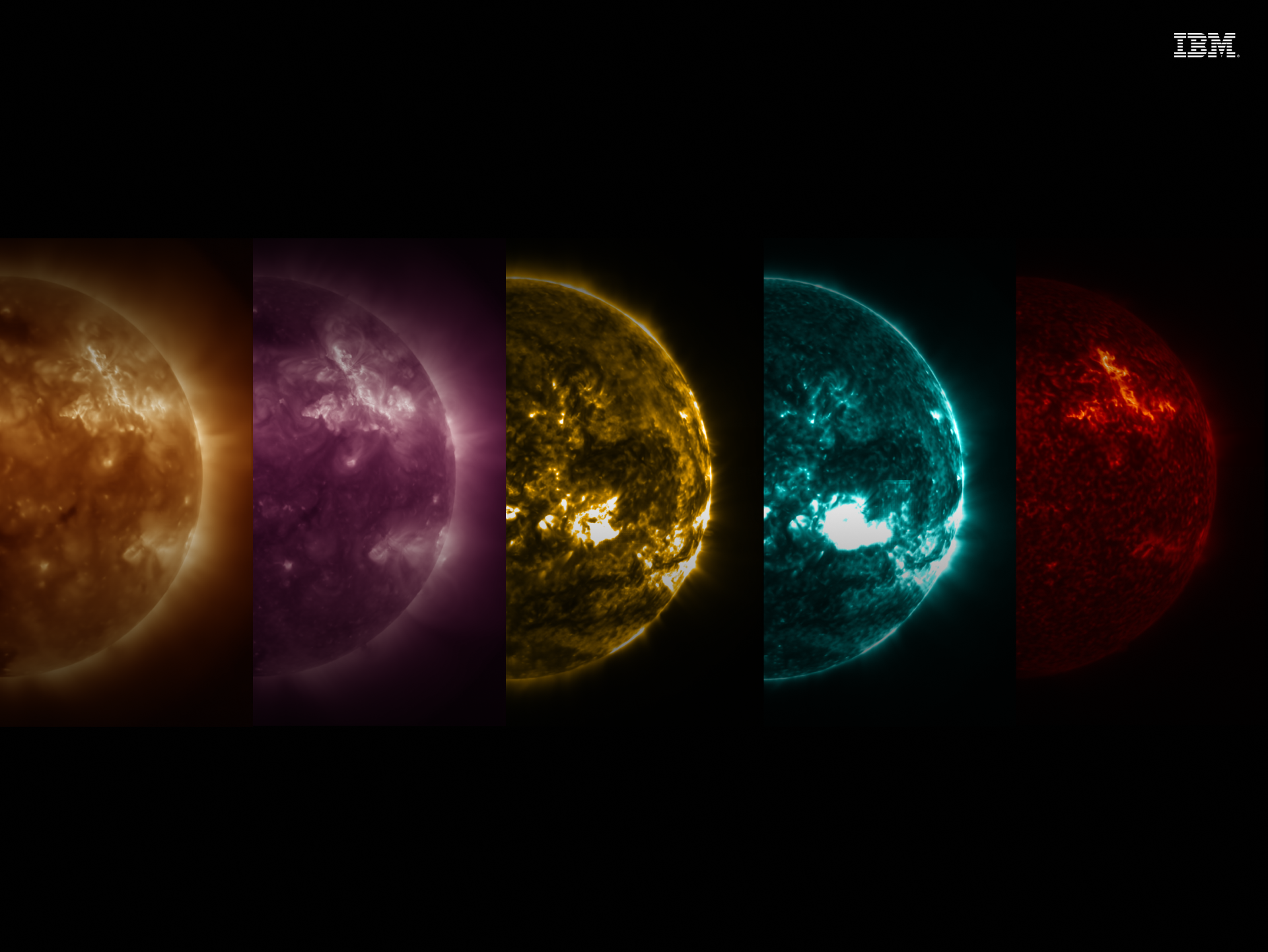 Five different images of the Sun taken by the Solar Dynamics Observatory. 