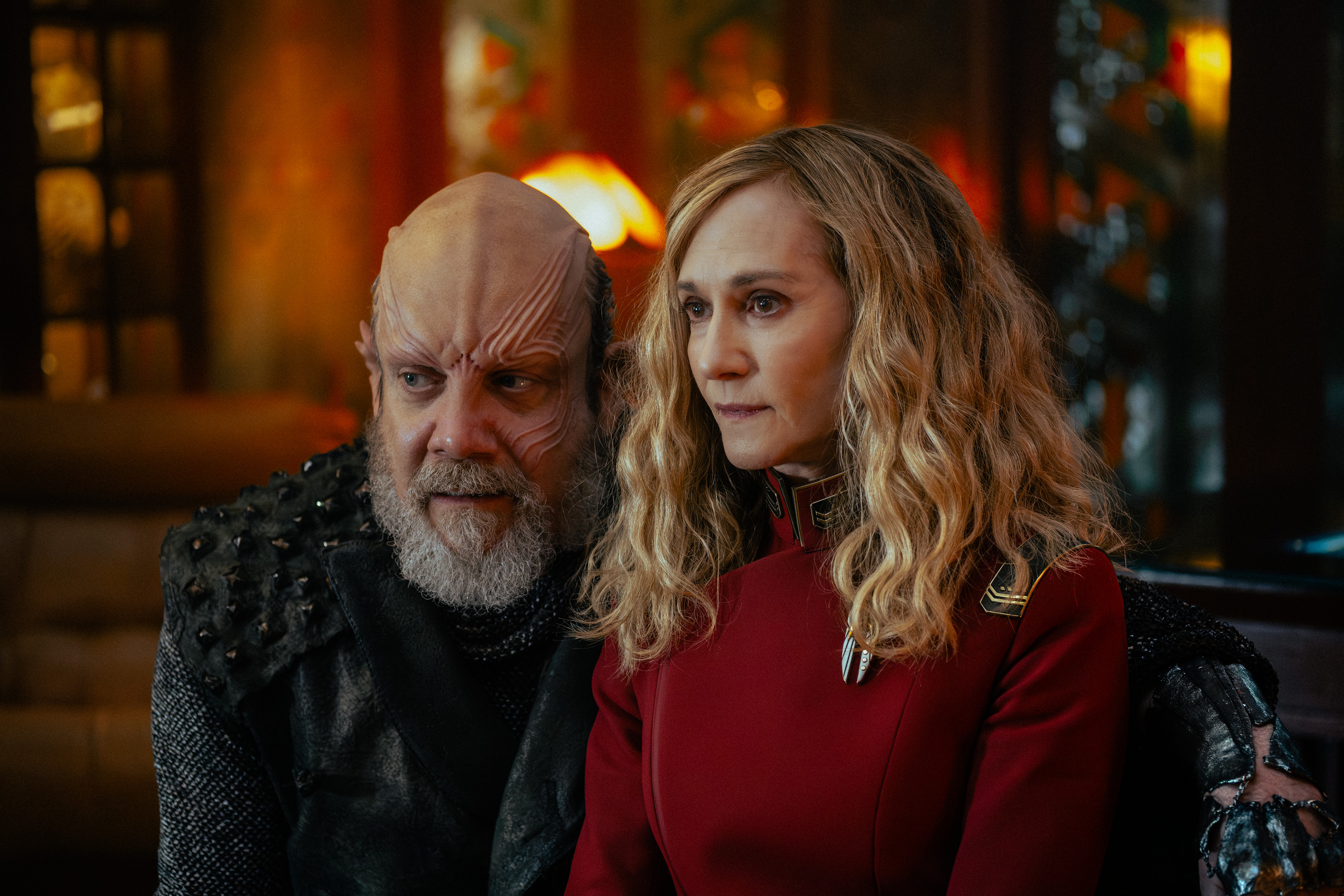 Paul Giamatti as Nus Braka and Holly Hunter as Captain Nahla Ake in season 1, episode 6, of Star Trek: Starfleet Academy streaming on Paramount+.