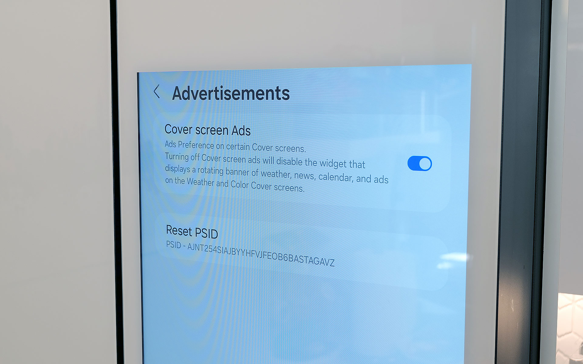 You can disable ads that show up on the fridge's cover screen, though that will also get rid of the news and weather widgets. Thankfully that doesn't impact that widgets on the fridge's main home screen. 