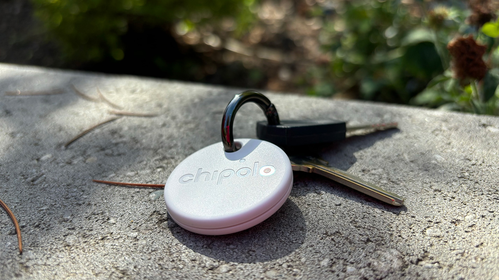 The Chipolo One Point tracker is on a key ring with a couple of keys and rests on a concrete surface with plants in the background. 