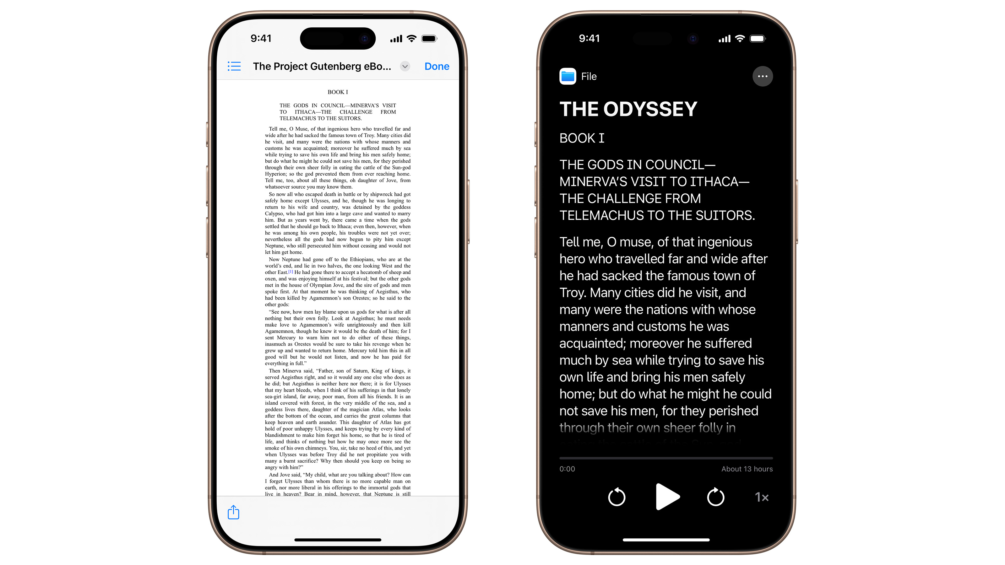 Two phones side by side, showcasing Apple's new Accessibility Reader mode. The left is a narrow column of text in a document, while the right is the Accessibility Reader version of it that has more legible white-on-black text and playback controls at the bottom.