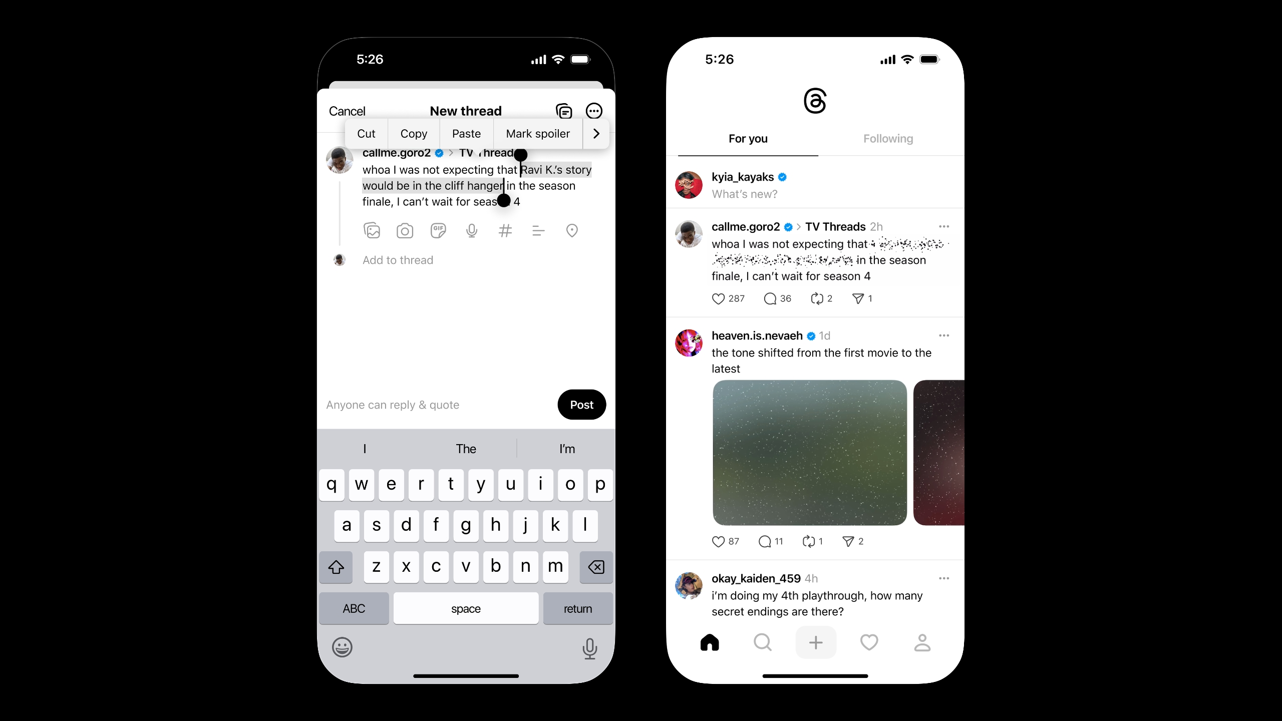 Two screenshots of the new spoiler tool in Threads, showing how you select text to hide and what hidden text looks like.