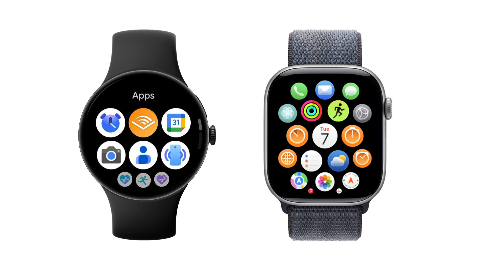 A composite of the app drawers on the Pixel Watch 4 and Apple Watch Series 11, showing their app icons.