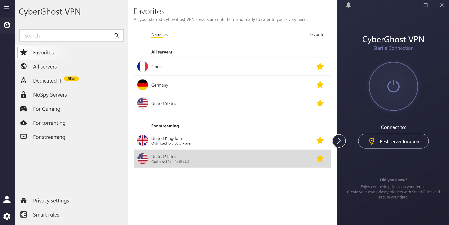 The CyberGhost VPN client for Windows 11.