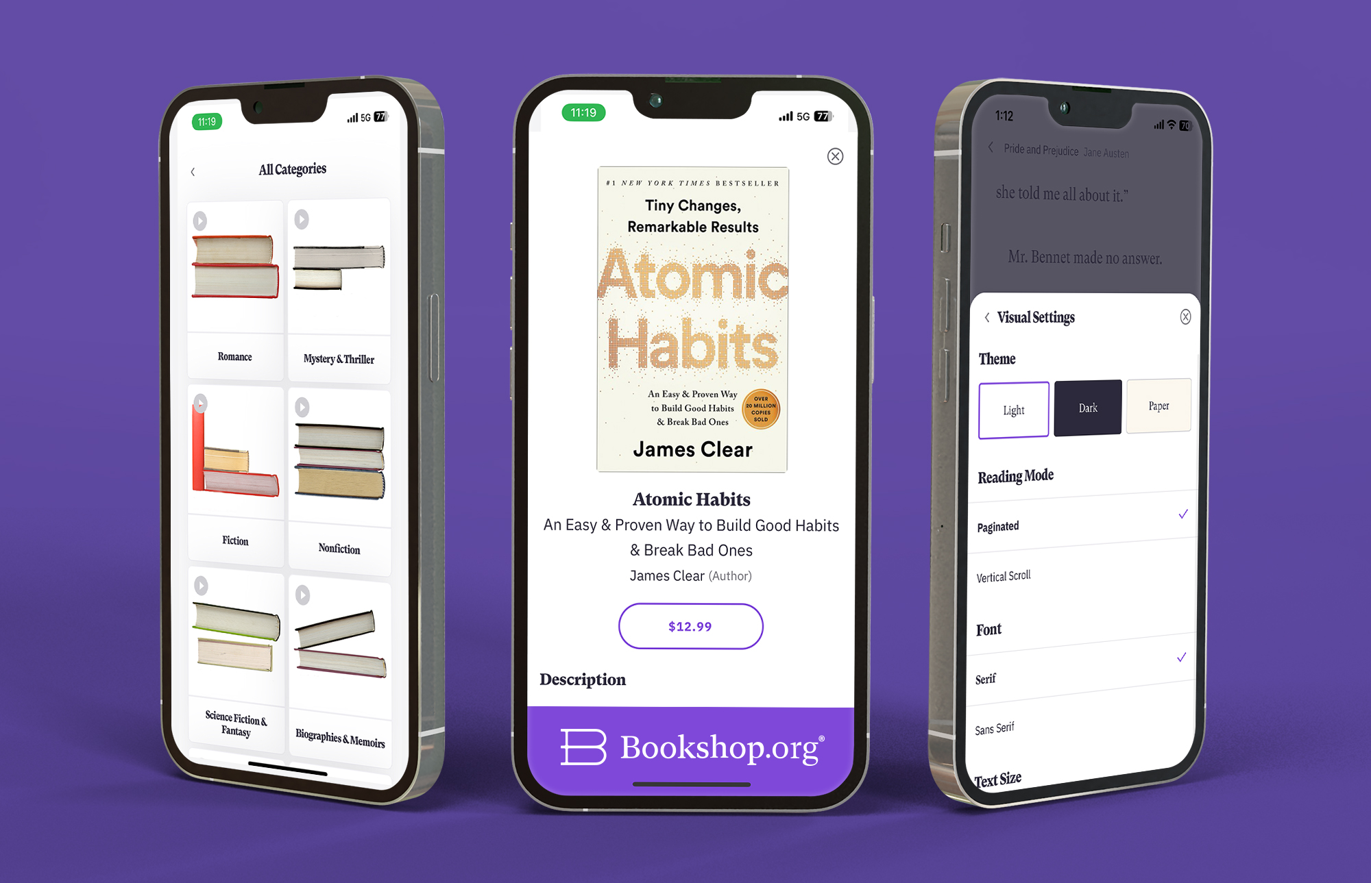 Images of three screens displaying the bookshop dot org app