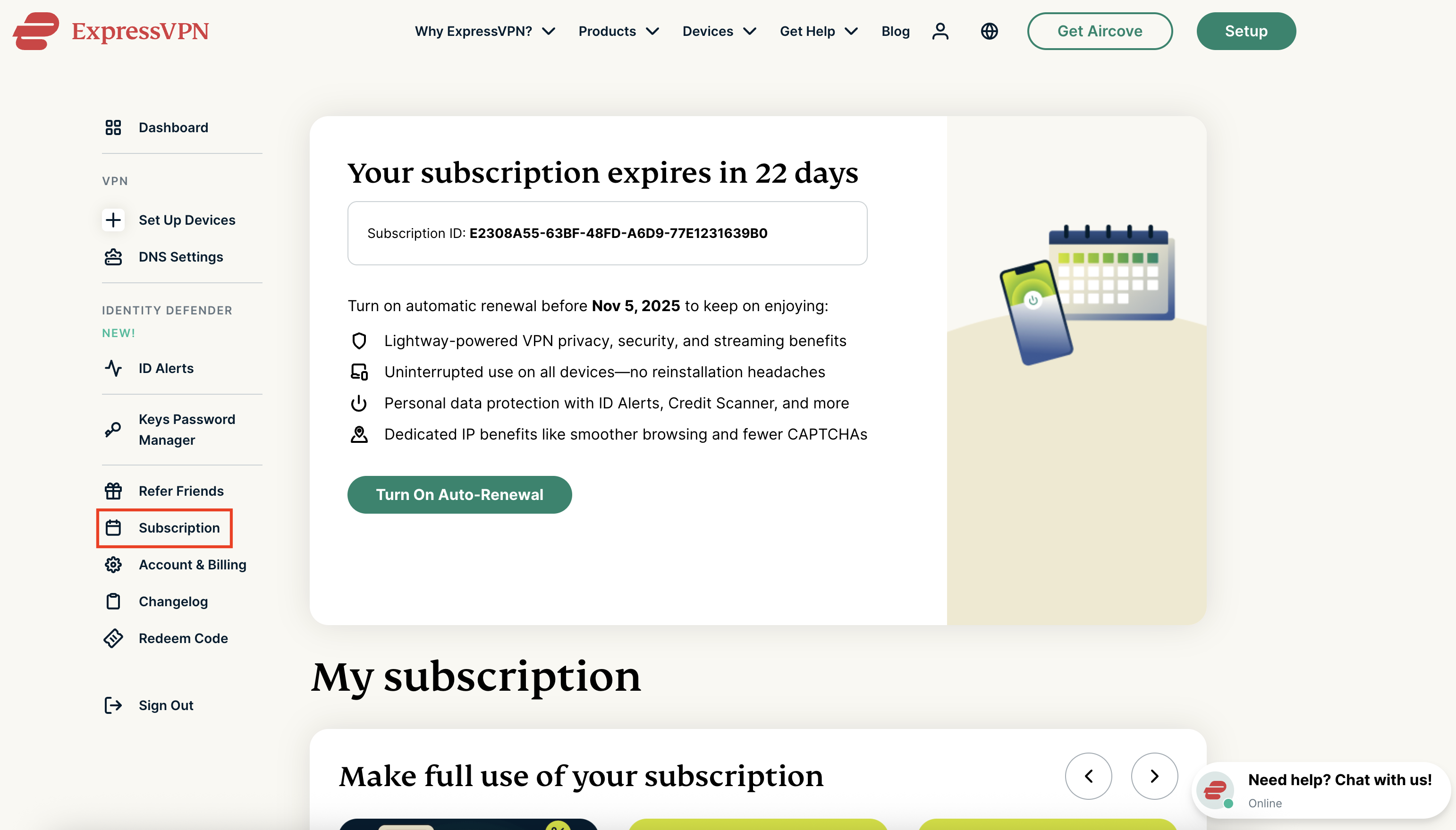 ExpressVPN subscription page