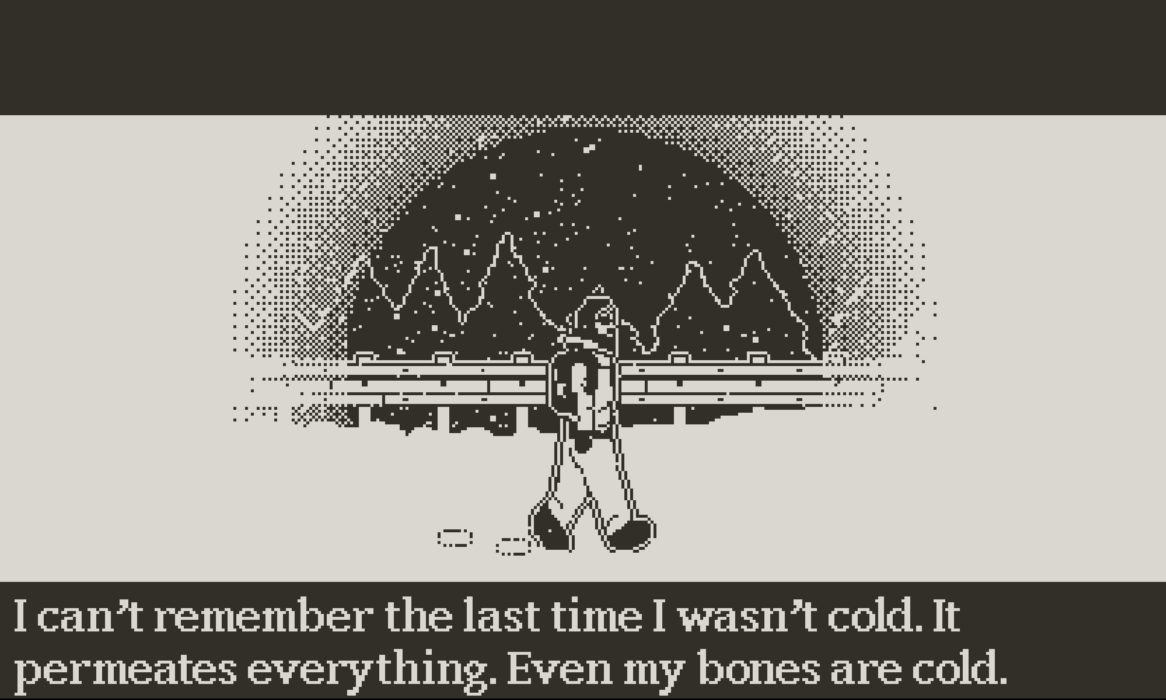 A still from the Playdate game The Whiteout showing a man walking on a snow-covered highway, above the words 