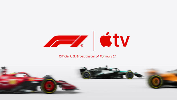 Image of the Apple and F1 logos alongside blurred images of a Mercedes W16 ahead of a Ferrari and lapping a McLaren. Image of the Apple and F1 logos alongside blurred images of a Mercedes W16 ahead of a Ferrari and lapping a McLaren.
